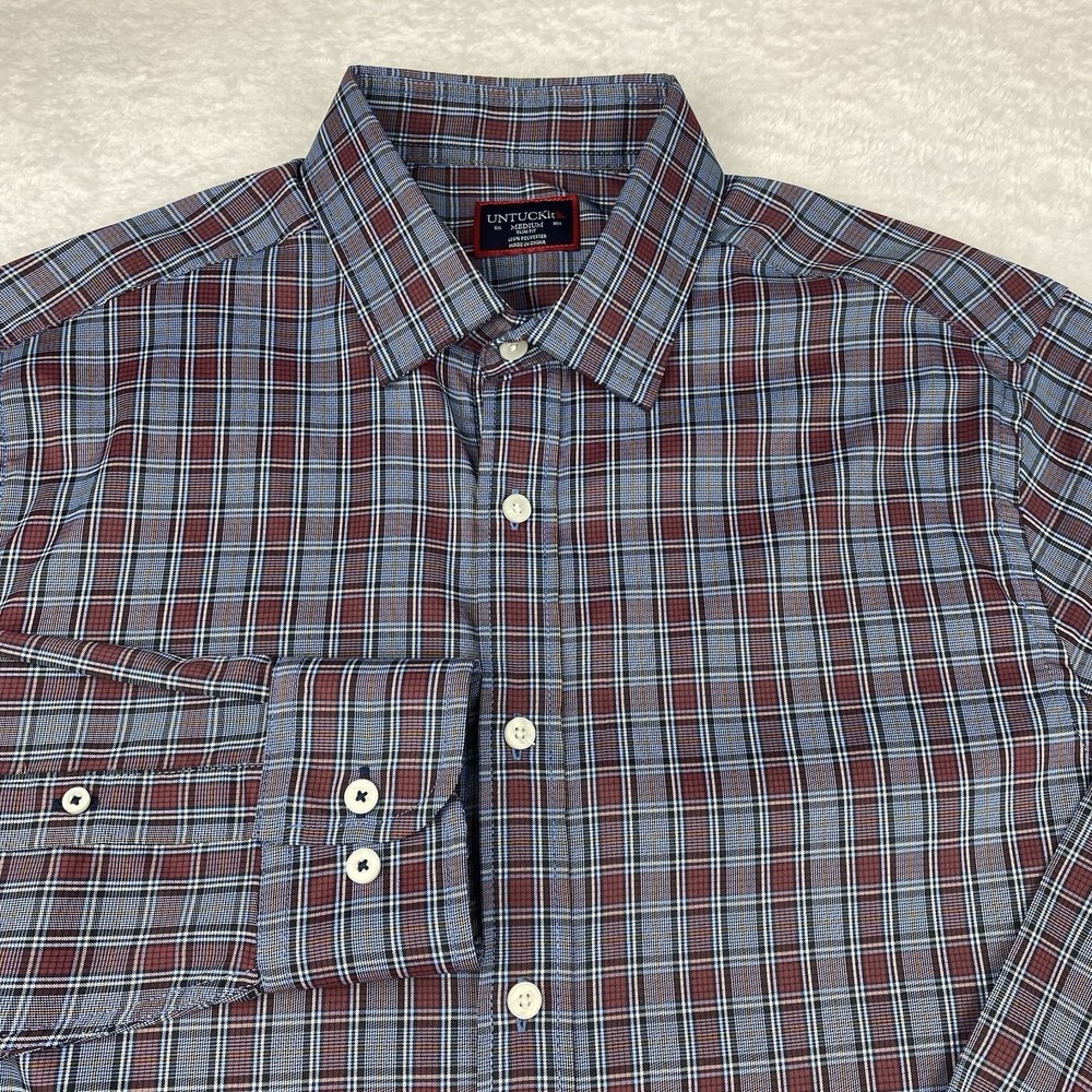 UNTUCKit Dress Shirt‎ Mens Medium Burgundy/Blue Plaid Slim Fit 100% Polyester